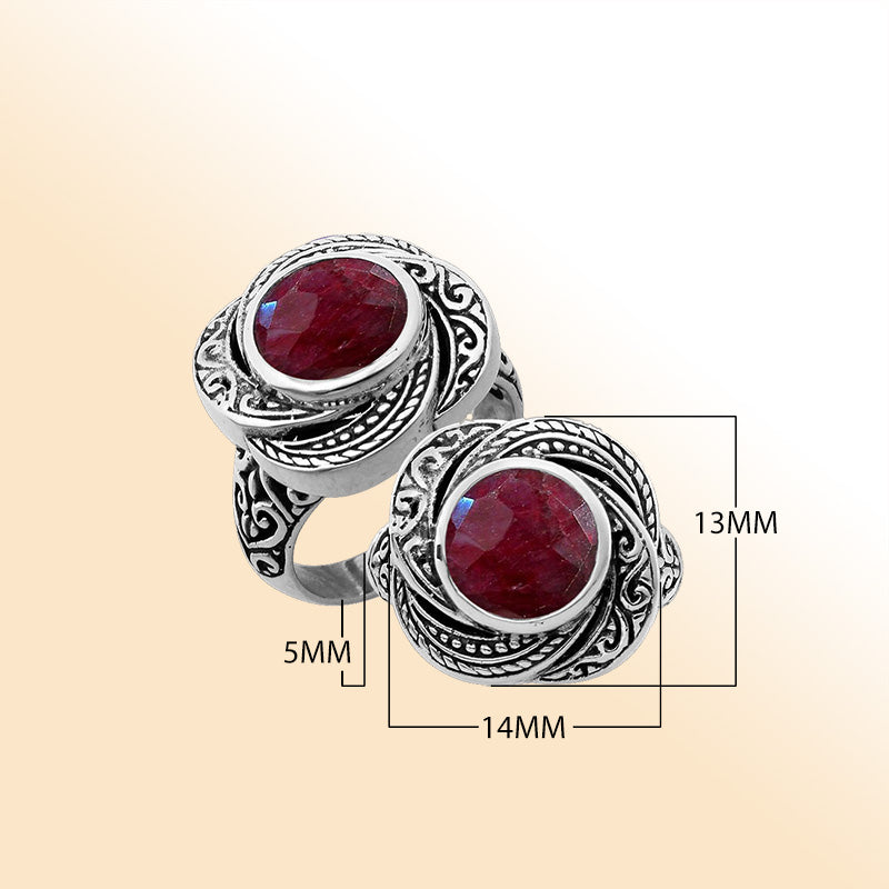 Sterling silver Balinese design ring with round shape Ruby stone