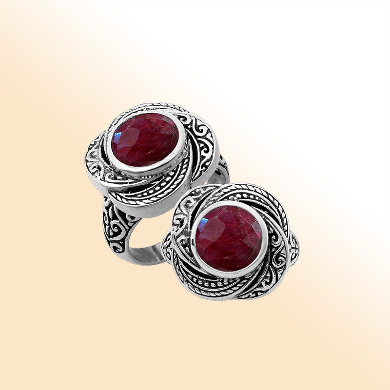 Sterling silver Balinese design ring with round shape Ruby stone