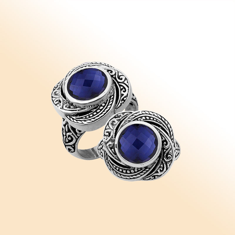 Elegant sterling silver round shape Sapphire ring with Balinese handcrafted detailing
