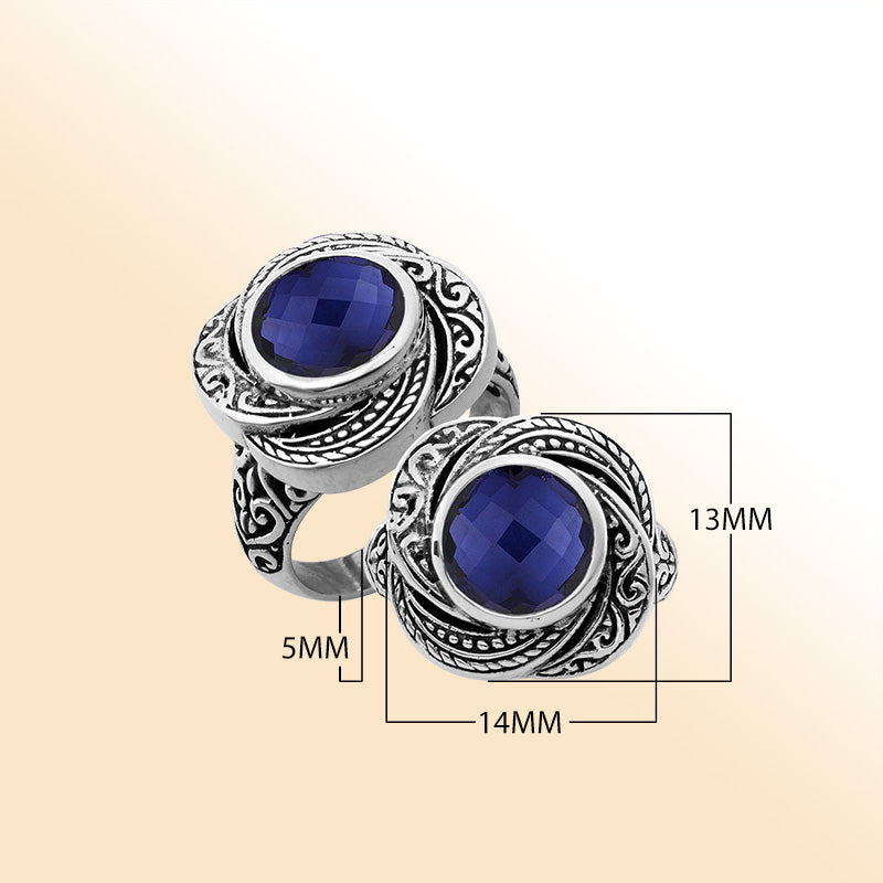 Elegant sterling silver round shape Sapphire ring with Balinese handcrafted detailing