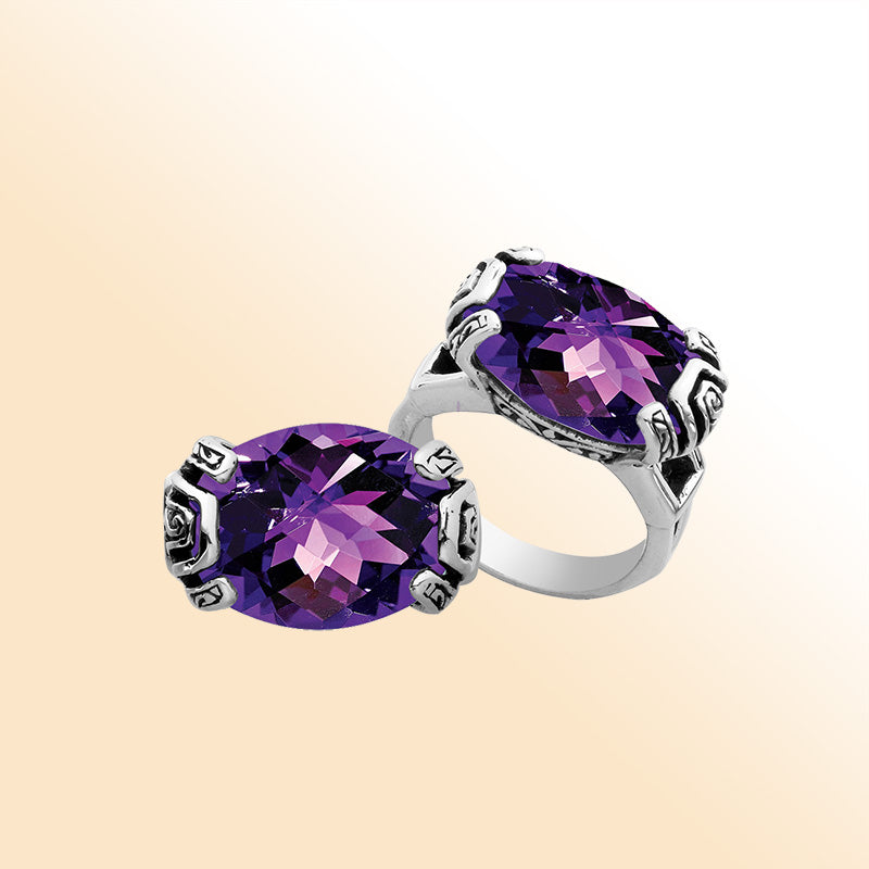 Elegant sterling silver oval shape Amethyst Quartz ring with Balinese handcrafted detailing