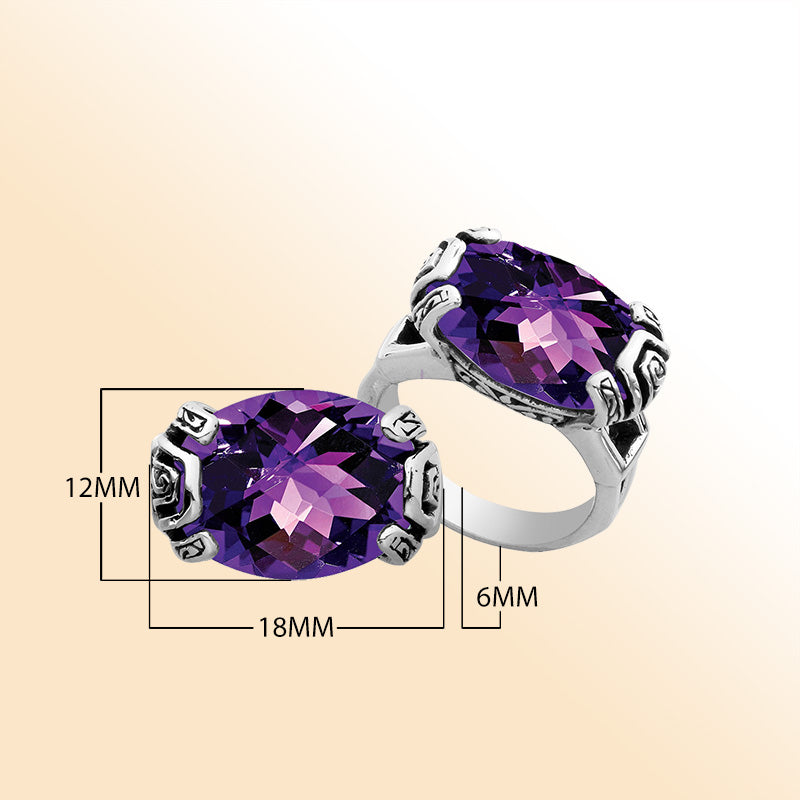 Elegant sterling silver oval shape Amethyst Quartz ring with Balinese handcrafted detailing