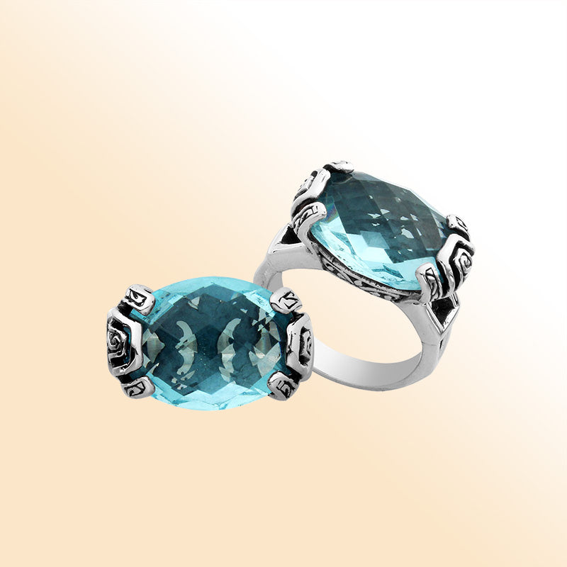 Elegant sterling silver oval shape Blue Topaz Quartz ring with Balinese handcrafted detailing