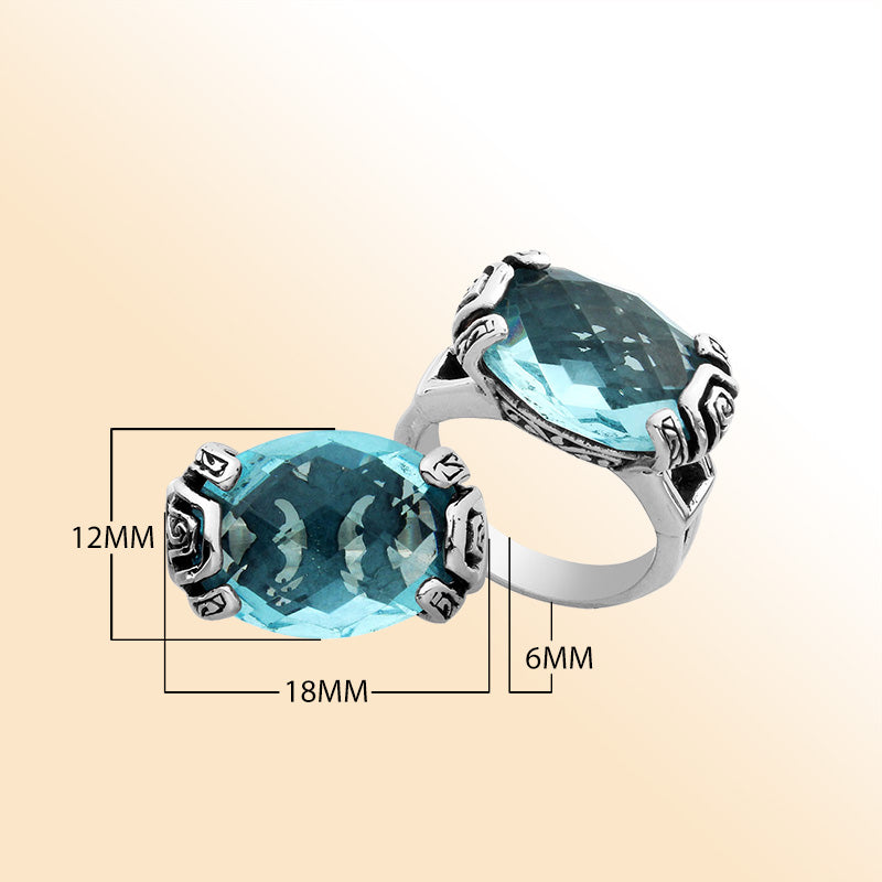 Elegant sterling silver oval shape Blue Topaz Quartz ring with Balinese handcrafted detailing