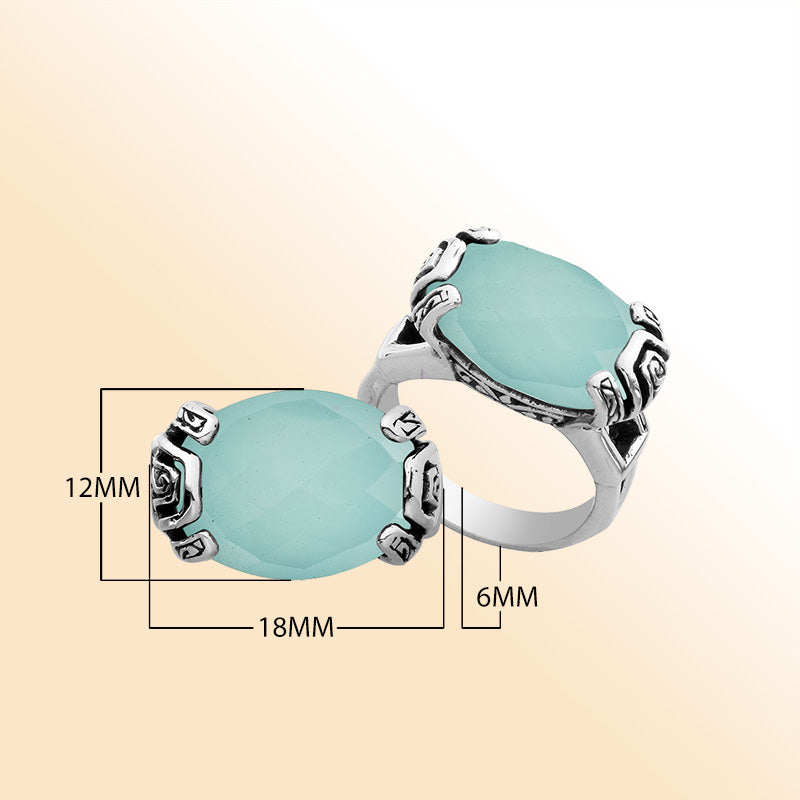 Elegant sterling silver oval shape Green Chalcedony Quartz ring with Balinese handcrafted detailing