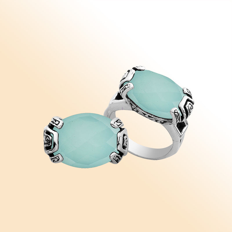 Elegant sterling silver oval shape Green Chalcedony Quartz ring with Balinese handcrafted detailing