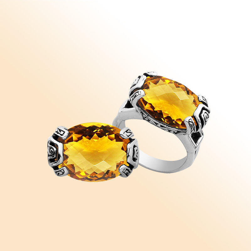 Elegant sterling silver oval shape Citrine Quartz ring with Balinese handcrafted detailing