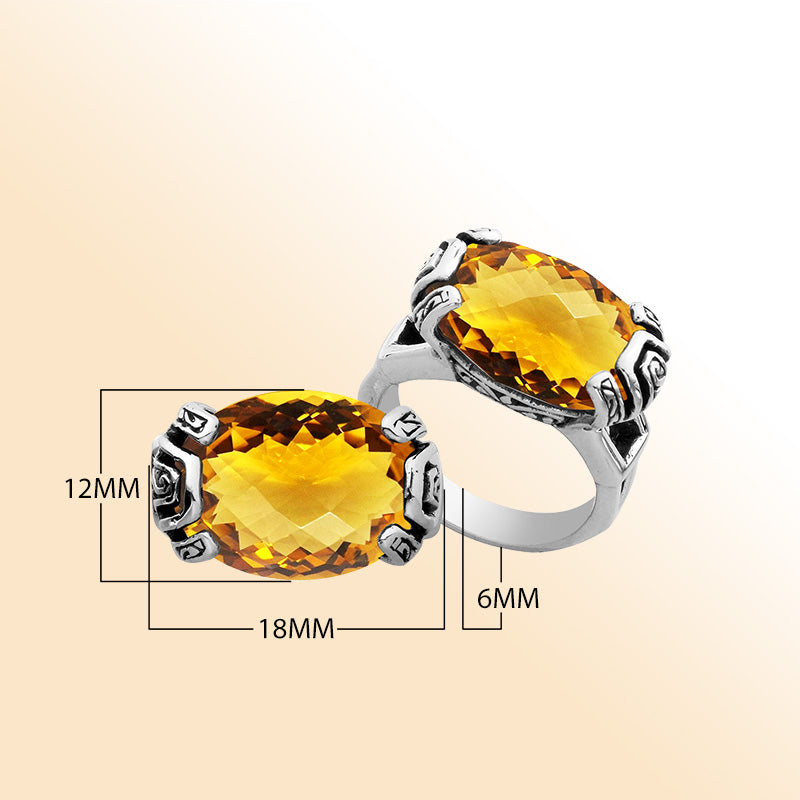 Elegant sterling silver oval shape Citrine Quartz ring with Balinese handcrafted detailing