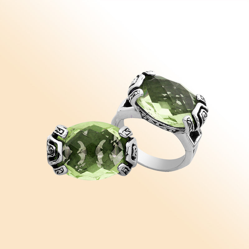 Elegant sterling silver oval shape Green Amethyst Quartz ring with Balinese handcrafted detailing