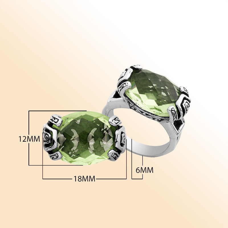 Elegant sterling silver oval shape Green Amethyst Quartz ring with Balinese handcrafted detailing