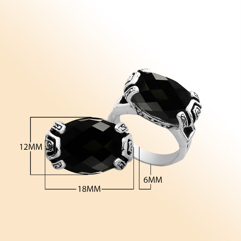 Elegant sterling silver oval shape Black Onyx ring with Balinese handcrafted detailing