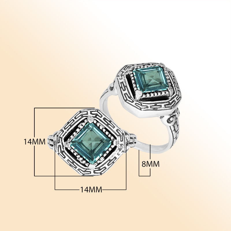 Elegant sterling silver square shape Blue Topaz Quartz ring with Balinese handcrafted detailing
