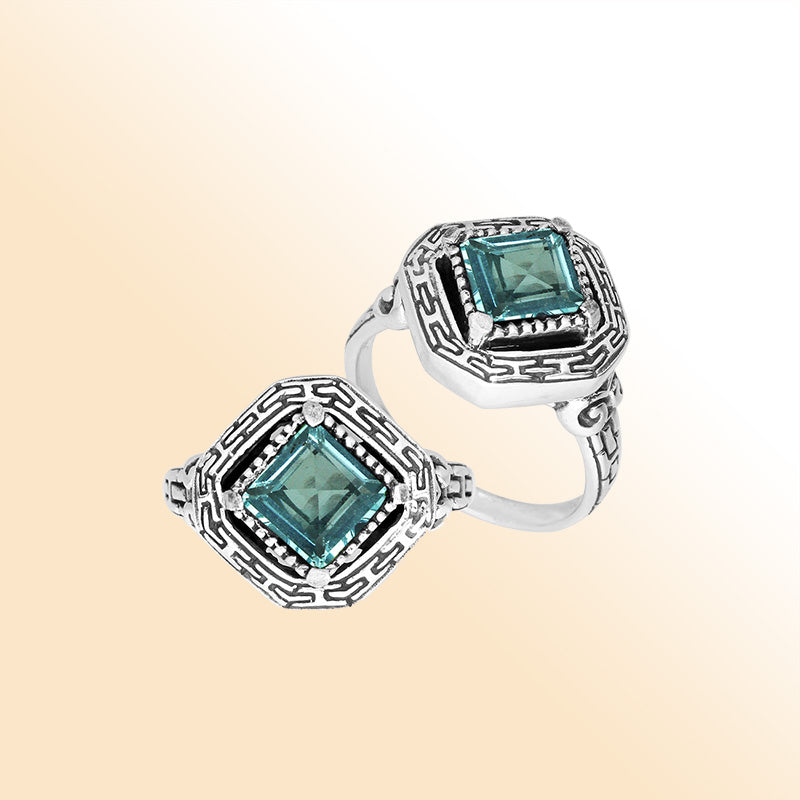 Elegant sterling silver square shape Blue Topaz Quartz ring with Balinese handcrafted detailing