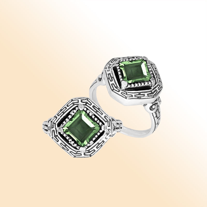 Elegant sterling silver square shape Green Amethyst Quartz ring with Balinese handcrafted detailing