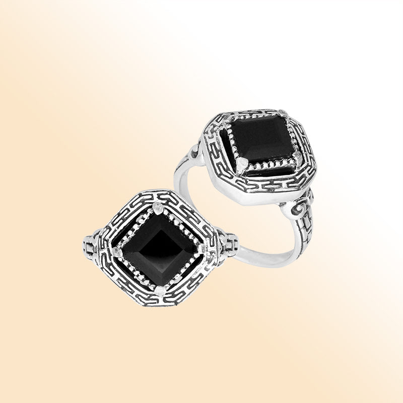 Elegant sterling silver square shape Black Onyx ring with Balinese handcrafted detailing