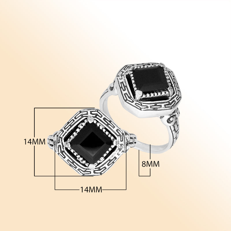 Elegant sterling silver square shape Black Onyx ring with Balinese handcrafted detailing