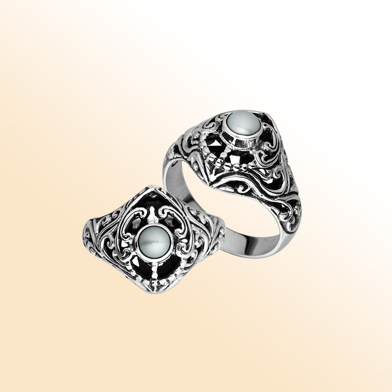 Elegant Sterling Silver Round Fresh Water Pearl Ring With Balinese Handcrafted Detailing
