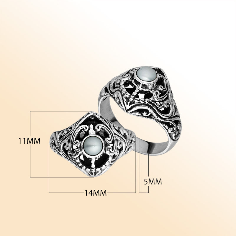 Elegant Sterling Silver Round Fresh Water Pearl Ring With Balinese Handcrafted Detailing