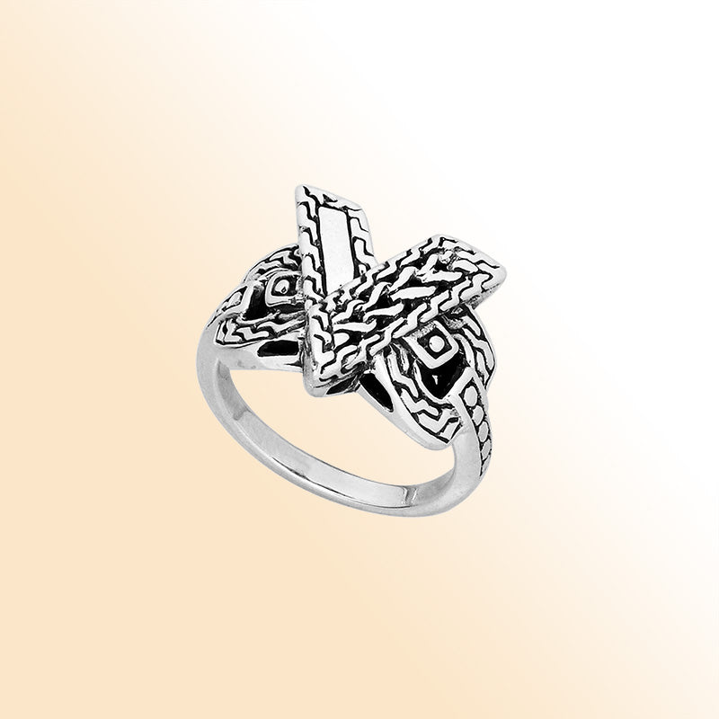 Elegant Sterling Silver Balinese crossover ring with intricate oxidized handcrafted design