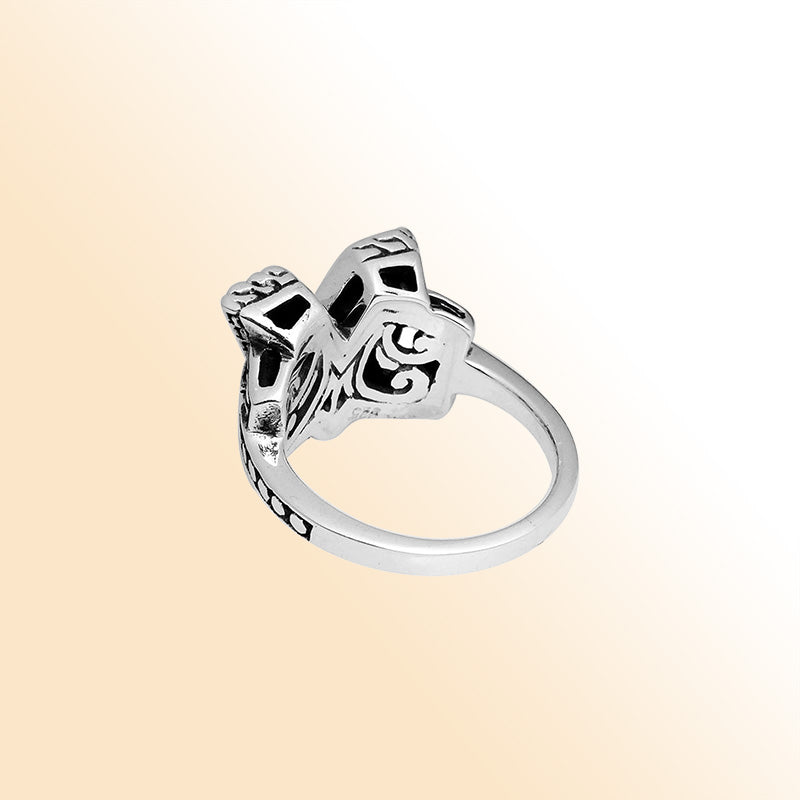 Elegant Sterling Silver Balinese crossover ring with intricate oxidized handcrafted design