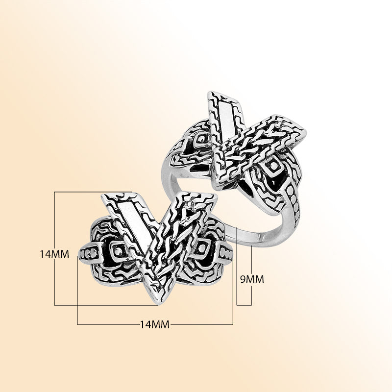 Elegant Sterling Silver Balinese crossover ring with intricate oxidized handcrafted design