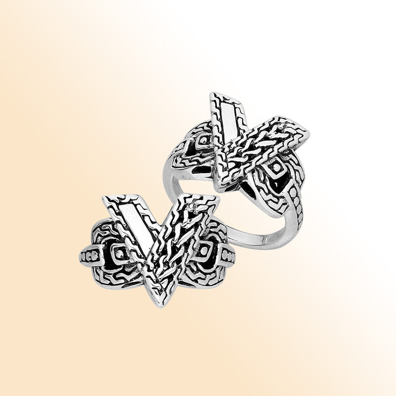 Elegant Sterling Silver Balinese crossover ring with intricate oxidized handcrafted design