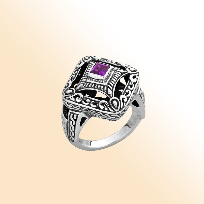 Balinese silver cushion shape ring with Amethyst Quartz center