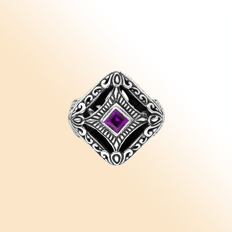 Balinese silver cushion shape ring with Amethyst Quartz center