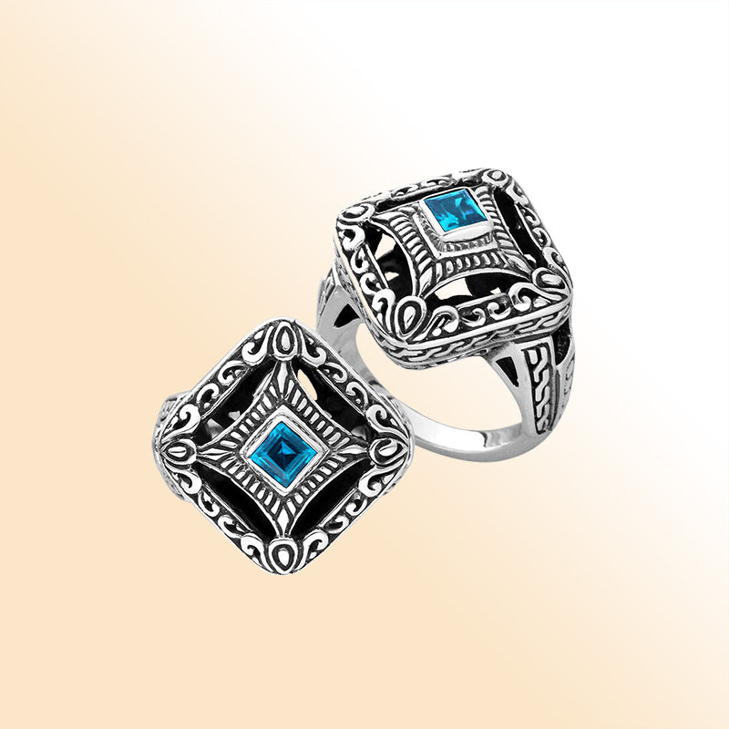 Balinese silver cushion shape ring with Blue Topaz Quartz centerpiece