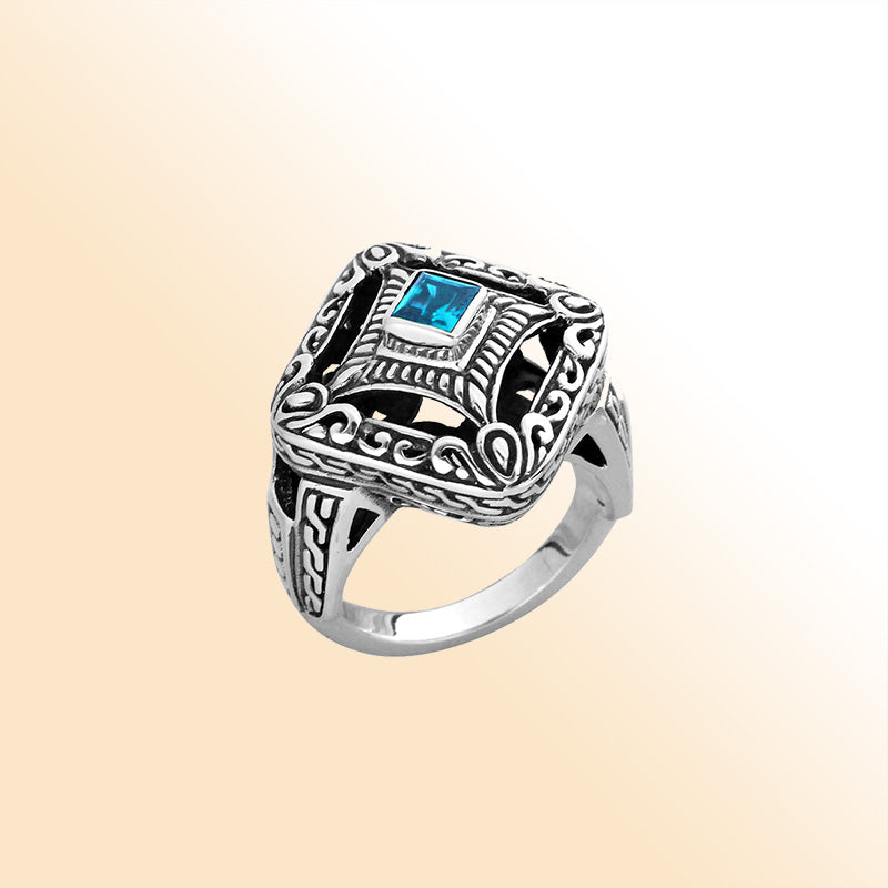 Balinese silver cushion shape ring with Blue Topaz Quartz centerpiece