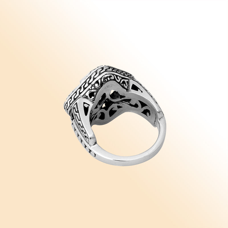 Balinese silver cushion shape ring with Blue Topaz Quartz centerpiece