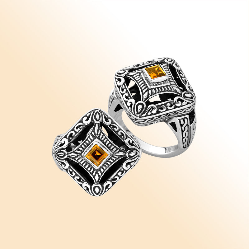 Balinese silver square face ring with Citrine Quartz centerpiece