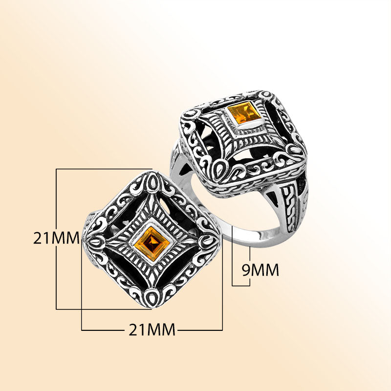Balinese silver square face ring with Citrine Quartz centerpiece