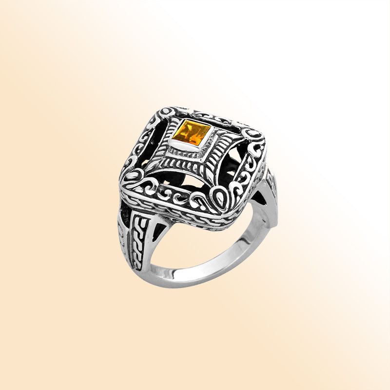 Balinese silver square face ring with Citrine Quartz centerpiece