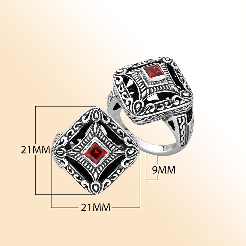 Balinese silver cushion shape ring with Garnet Quartz centerpiece