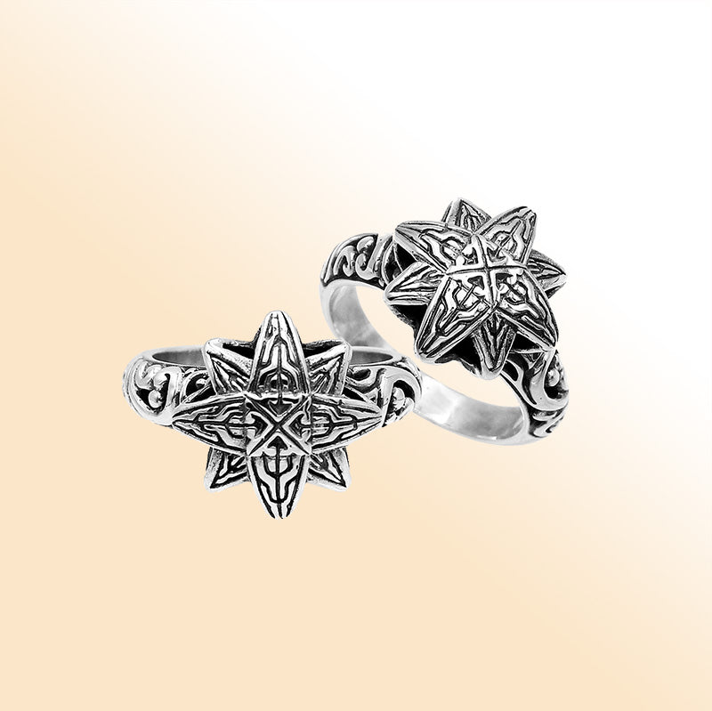 Balinese silver eight point star ring with engraved pattern