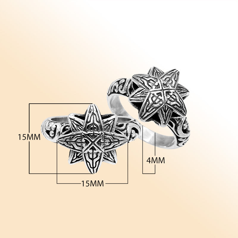 Balinese silver eight point star ring with engraved pattern