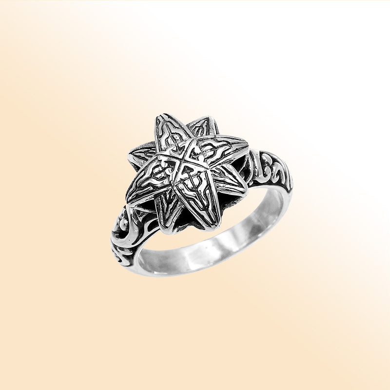 Balinese silver eight point star ring with engraved pattern