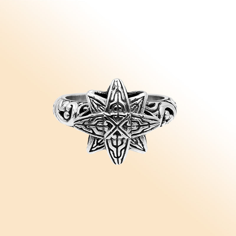 Balinese silver eight point star ring with engraved pattern