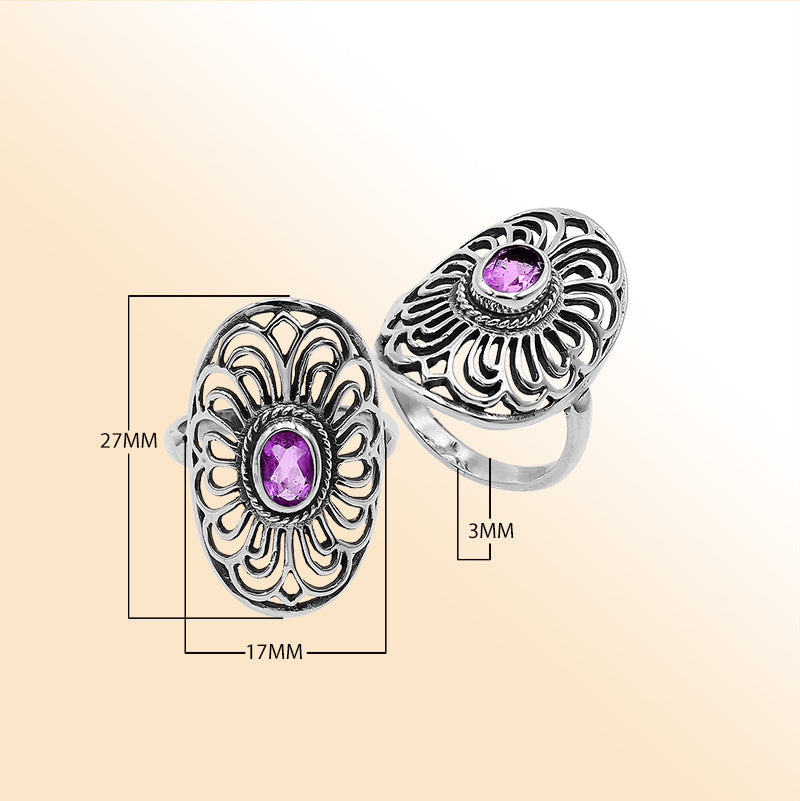 Balinese Silver Oval Shape Ring With Amethyst Quartz And Handcrafted Detailing