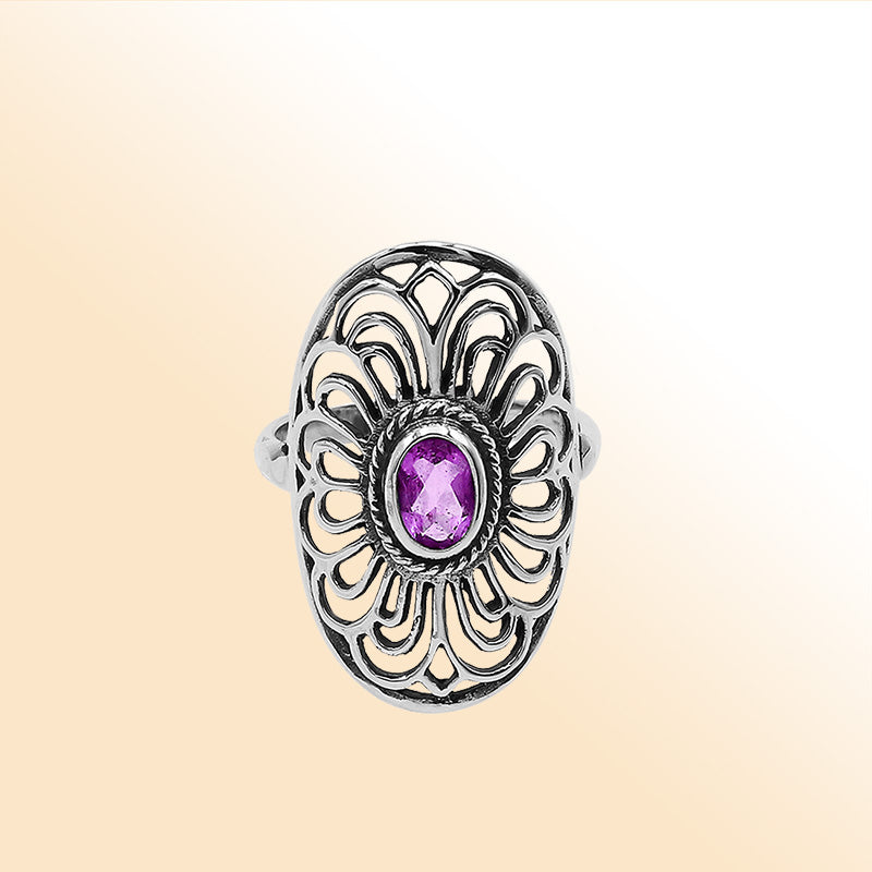 Balinese Silver Oval Shape Ring With Amethyst Quartz And Handcrafted Detailing