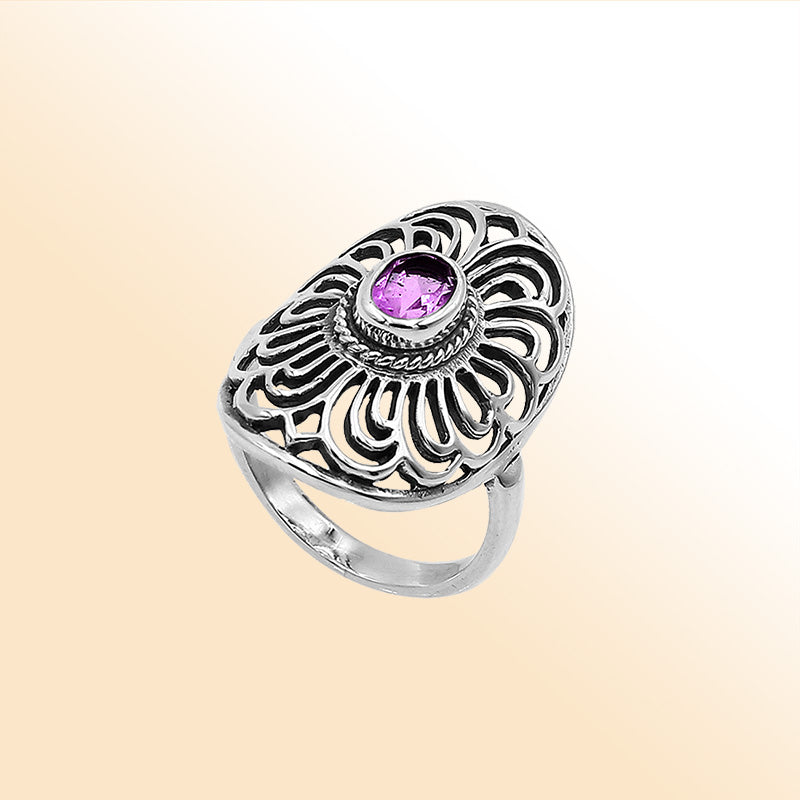 Balinese Silver Oval Shape Ring With Amethyst Quartz And Handcrafted Detailing