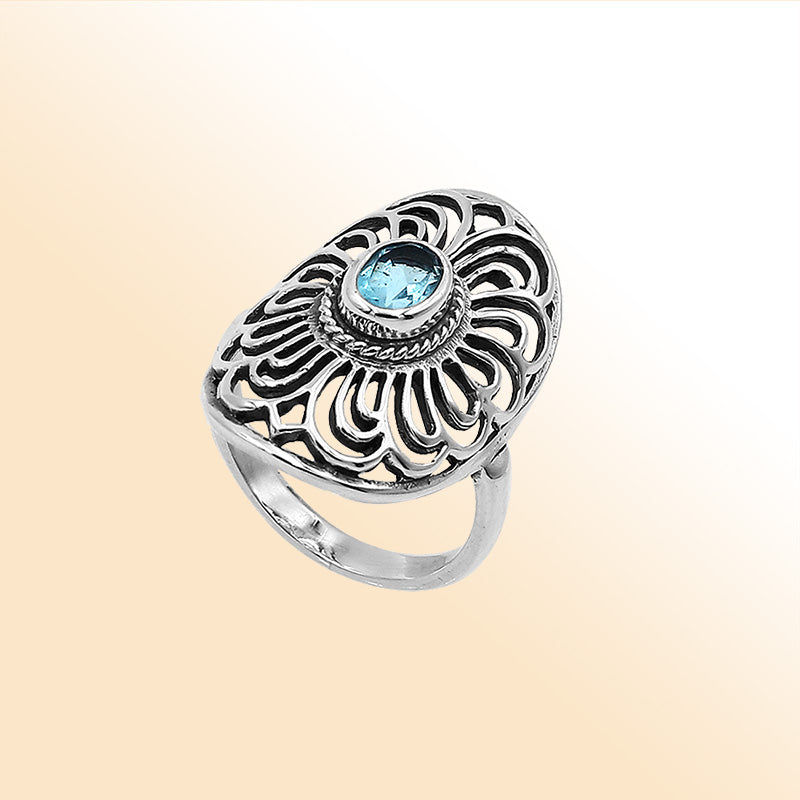Balinese Silver Oval Shape Ring With Blue Topaz Quartz And Handcrafted Detailing