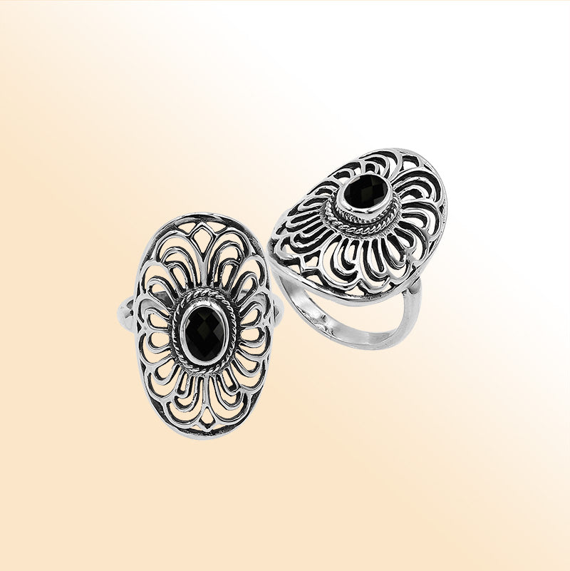 Balinese Silver Oval Shape Ring With Black Onyx And Handcrafted Detailing