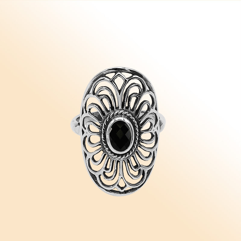 Balinese Silver Oval Shape Ring With Black Onyx And Handcrafted Detailing