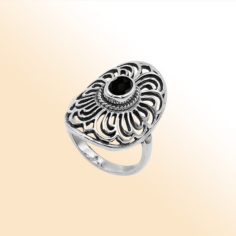 Balinese Silver Oval Shape Ring With Black Onyx And Handcrafted Detailing