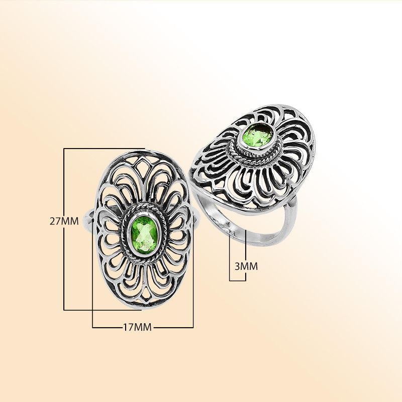 Balinese Silver Oval Shape Ring With Peridot Quartz And Handcrafted Detailing