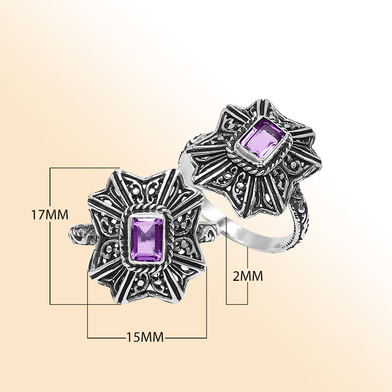 Balinese Silver Designer Ring With Amethyst Quartz And Handcrafted Detailing