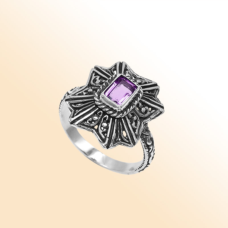 Balinese Silver Designer Ring With Amethyst Quartz And Handcrafted Detailing