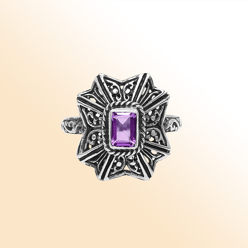 Balinese Silver Designer Ring With Amethyst Quartz And Handcrafted Detailing